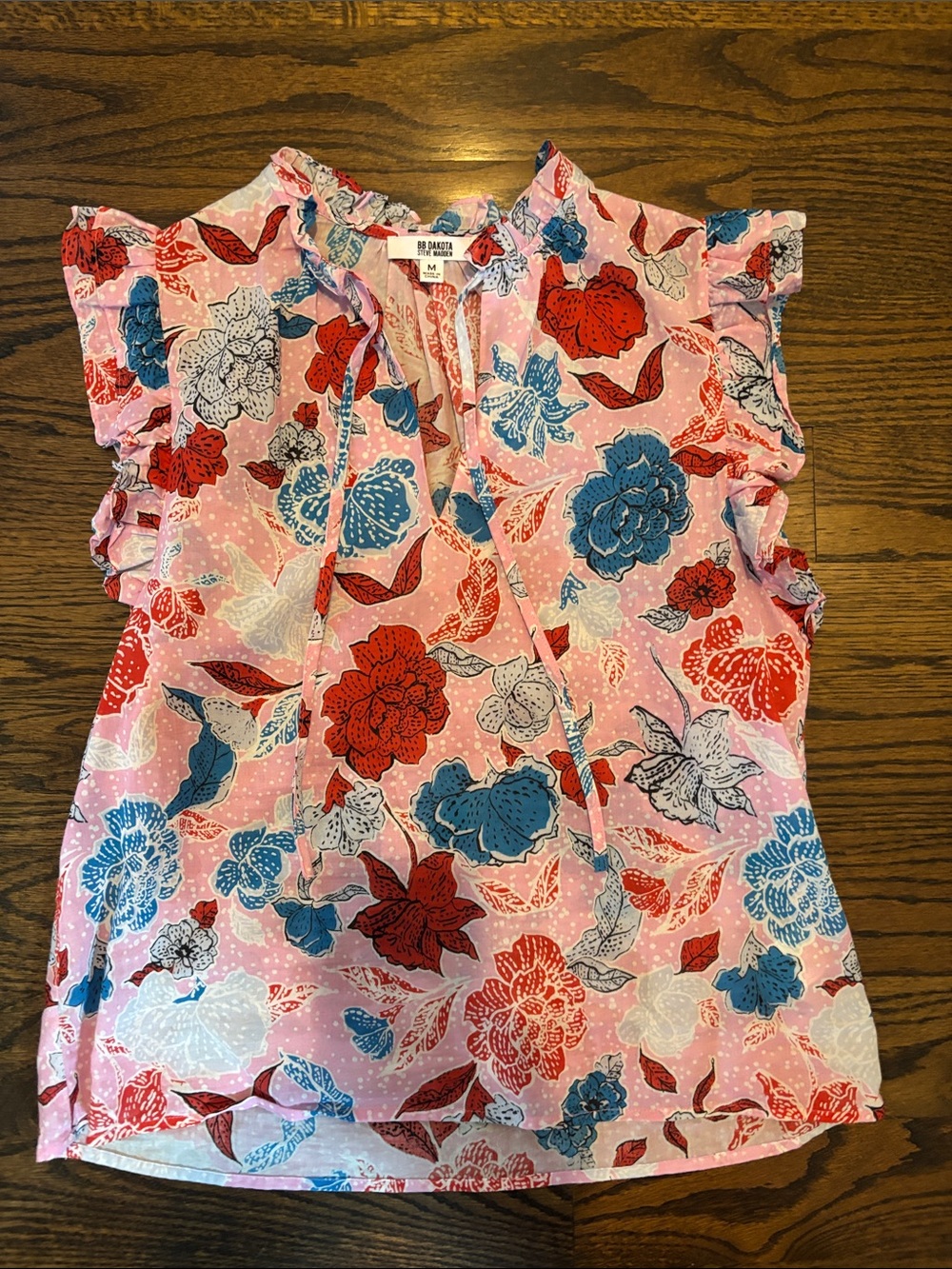 BB Dakota Pink Floral Tie-Neck Ruffle Sleeve Top